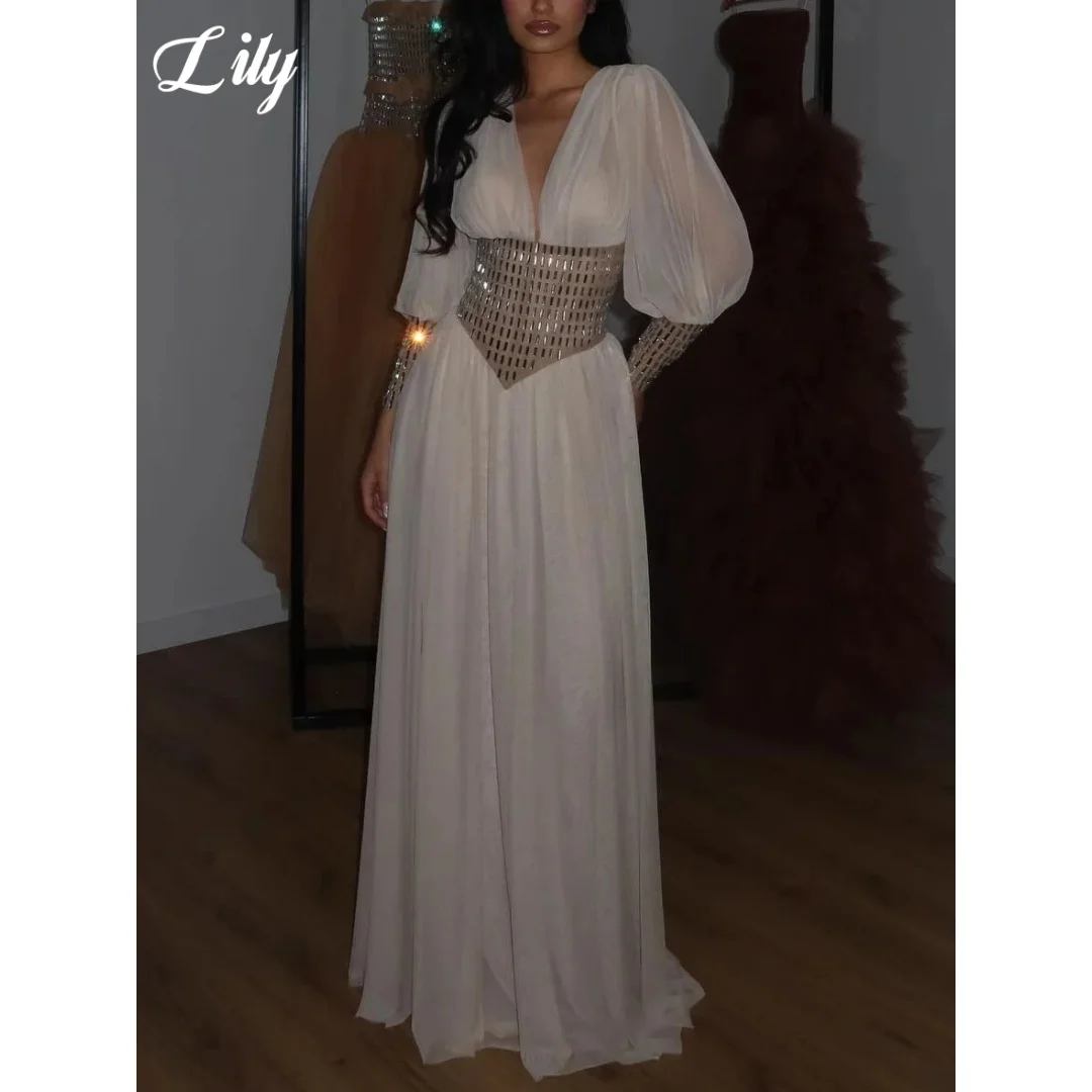 

Lily White Chiffon Prom Dresses V-Neck Full-Sleeve Evening Dresses Draped And Flowy Floor-Length Style Party Dress Customized
