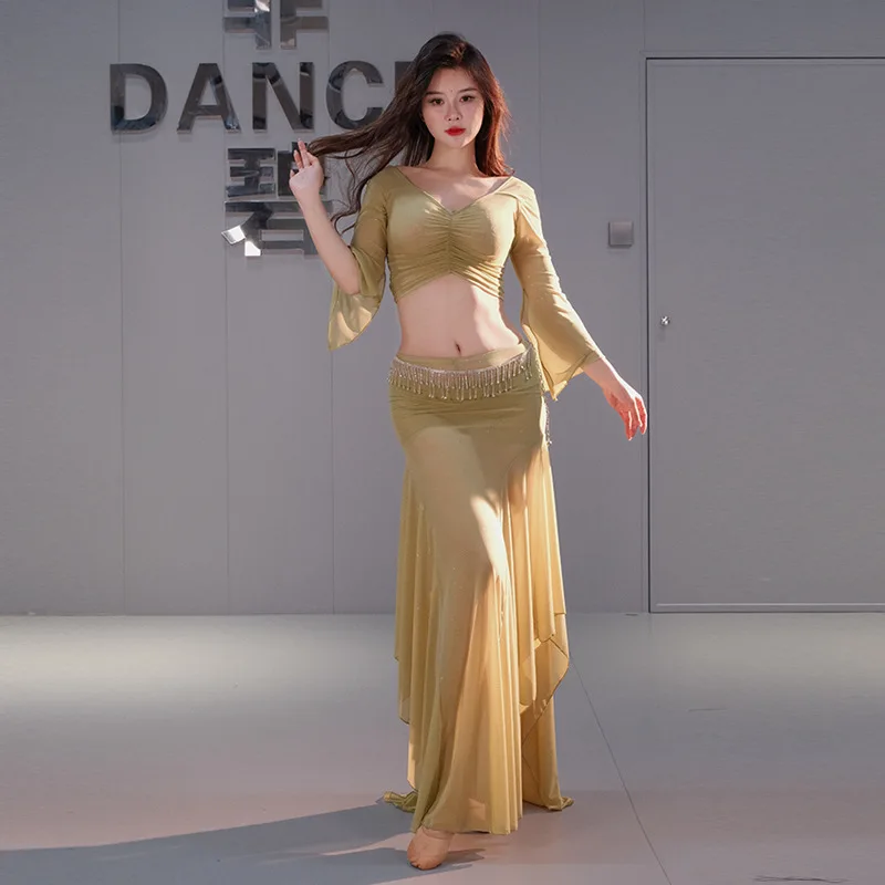 

2026 Women Belly Dance Costume Mesh Ruffle Long Skirt Oriental Dance Outfit Performance Wear