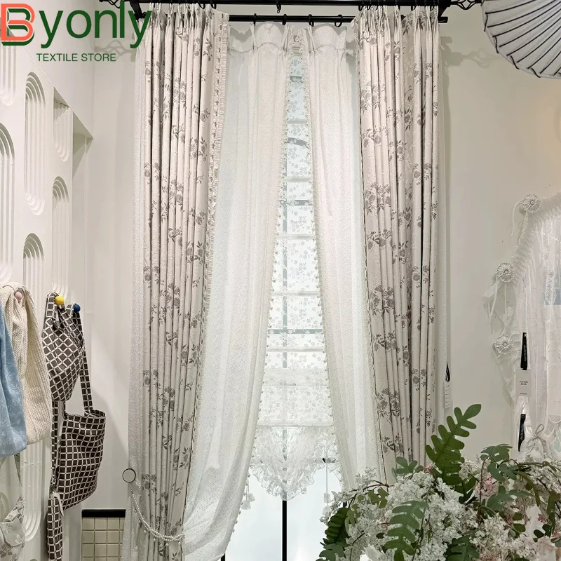New Retro Pastoral Purple Chenille Embroidered Curtains for Living Room Bedroom French Window Custom Window Screen