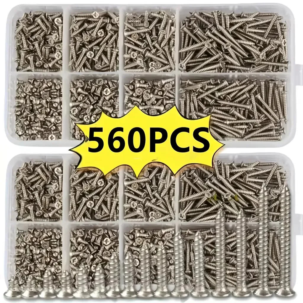 560-Piece Self-Tapping Wood Screw Set Box M2 Flat Metal Screws 8 Different Sizes Classification Kit for DIY Projects