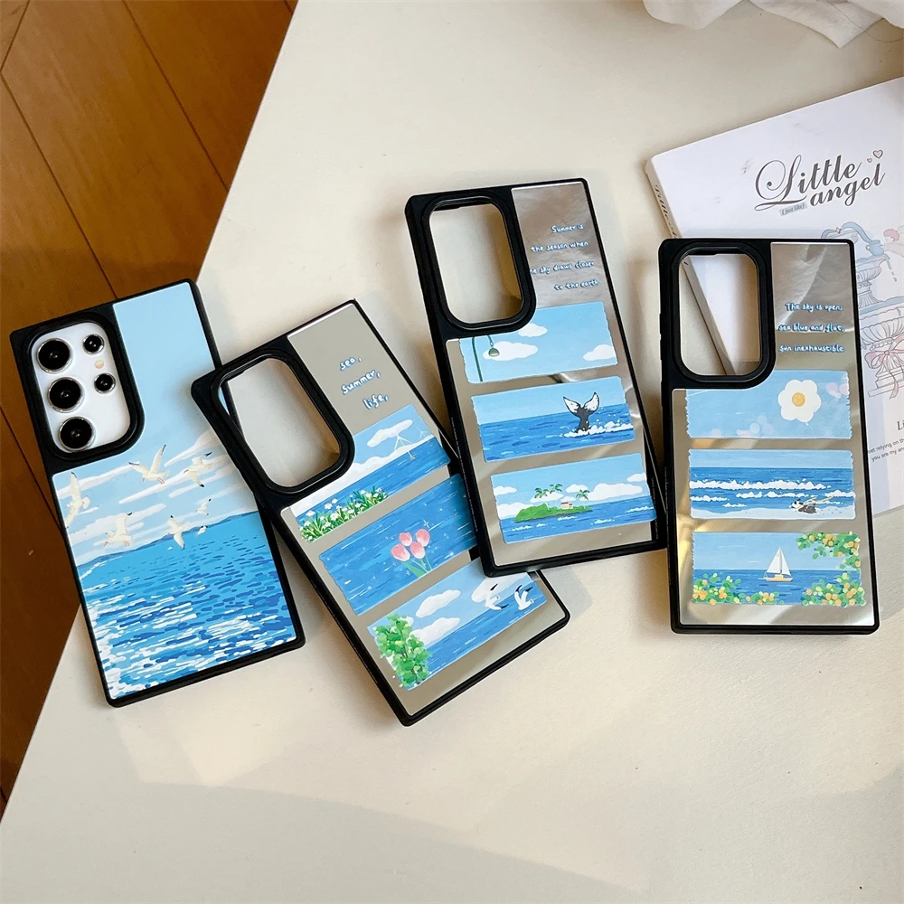 

For Samsung S25 S24 S23 Ultra Blue SEA Phone Case Galaxy S23 S24 S25 Plus Hard Back Shockproof Mirror Case