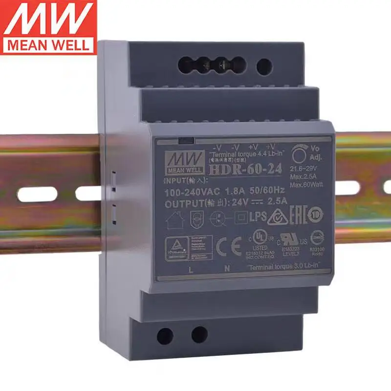 

MW HDR-60-24 24V 2.5A 60W Ultra Slim Step Shape DIN Rail Single Output Industrial Power Supply Brand New Original Authentic