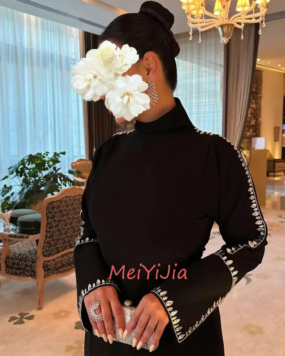 MeiYiJia High-Neck Simple Covered Button Mermaid Rhinestone Satin Saudi Arabia Sexy Evening Birthday Club Outfits Summer 2024