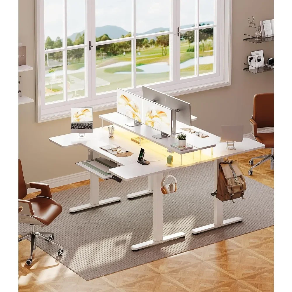 U Shaped Electric Standing Desk with Keyboard Tray, 55 Inch Height Adjustable Desk with Power Outlets & LED Lights, Customized