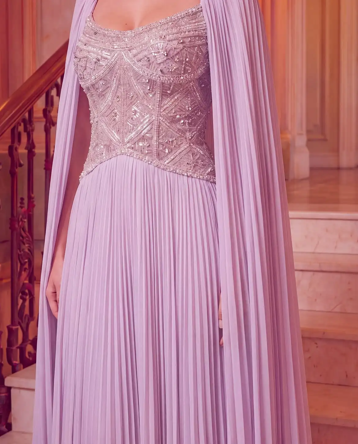 Sharon's Collection Elegant Party Dresses 2026 Lavender Cape Sleeve Prom Dresses Luxury Beaded Pleated Evening Dresses