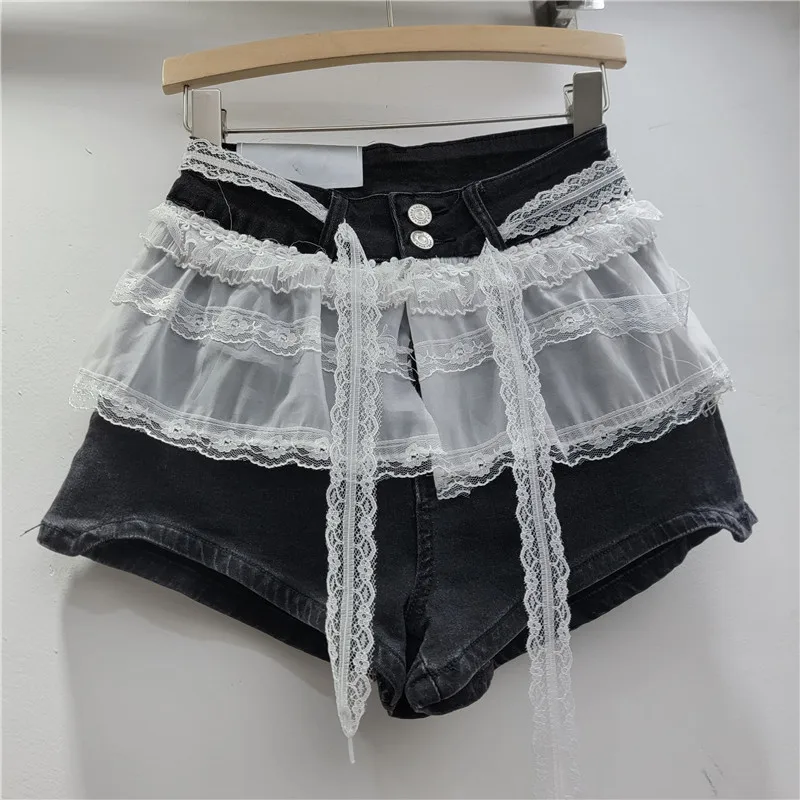 High Waist Splicing Lace Denim Shorts Women's Jeans Shorts Spring and Summer 2025 New Thin Wide-leg A-line Shorts Girl Hot Pants