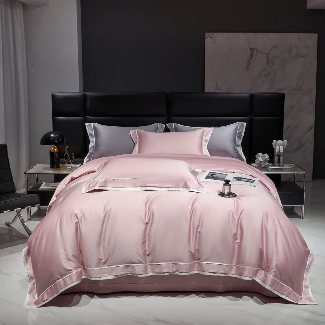 

New Solid Color Home Textile Long-staple Cotton Satin Embroidery Comforter Cover Bed Linen pink Four-piece High End Bedding Set