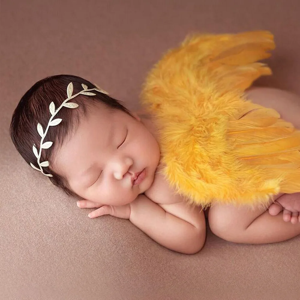 Newborn Photography Props Angel Wings with Leaves Headband Set Photos Props Feather Wing Girls Hair Baby Photography Accessories