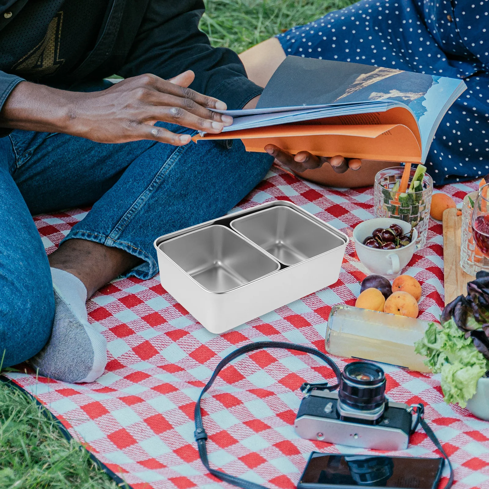 

1 Set Portable Stainless Steel Snack Box Multi-Grid Food Storage Tray For Picnic Camping Travel Outdoor Dining Snack Serving Box