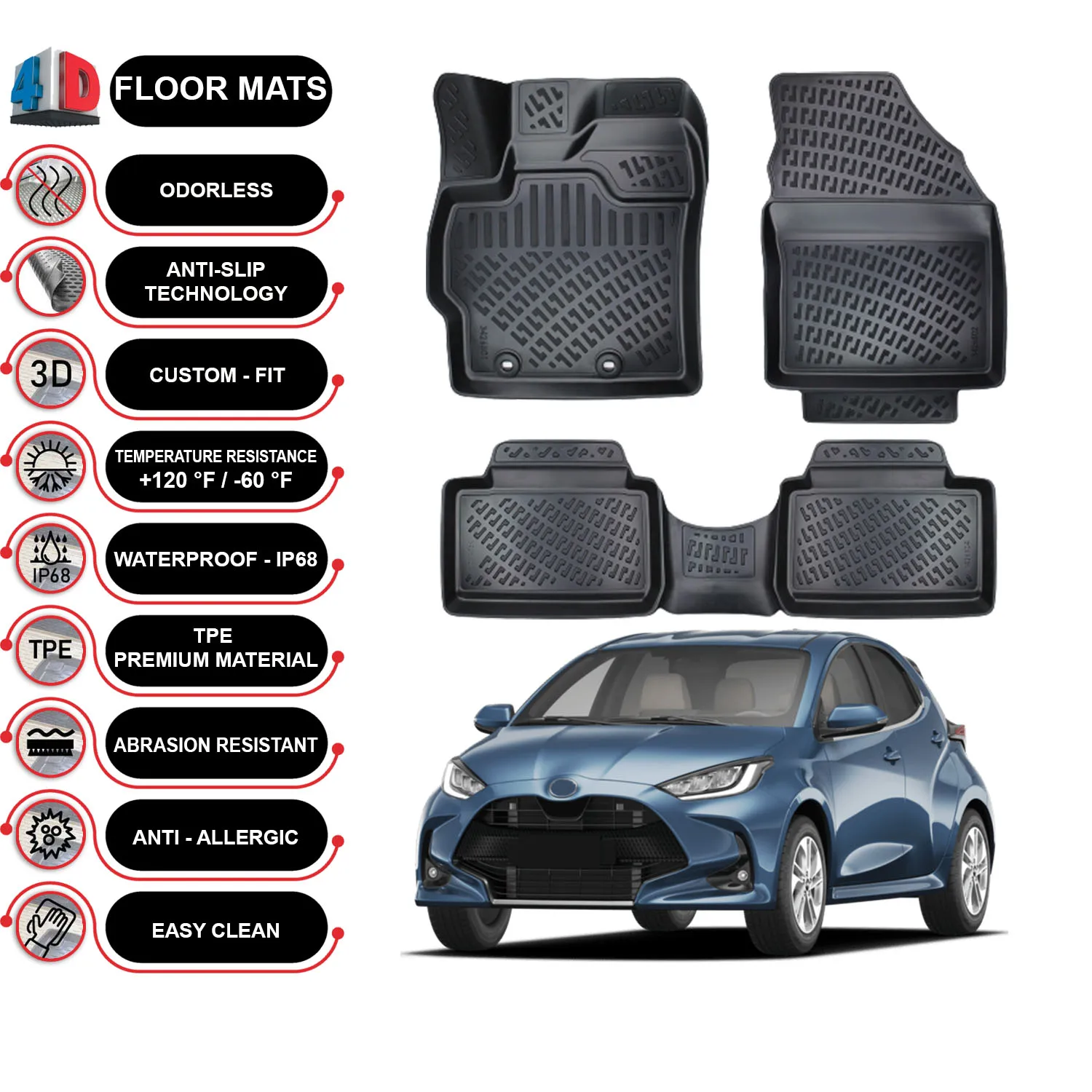 Floor Mats Liner Waterproof 3D-(Black)-Toyota Yaris (2020-2022)