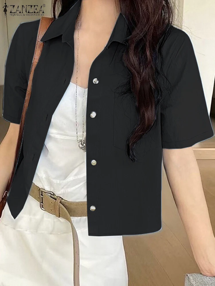 ZANZEA قمصان نسائية على الموضة 2025 بلوزات صيفية بأكمام قصيرة بلوزة أنيقة متينة للسيدات أزرار فضفاضة غير رسمية طية صدر السترة بلوزات كورية