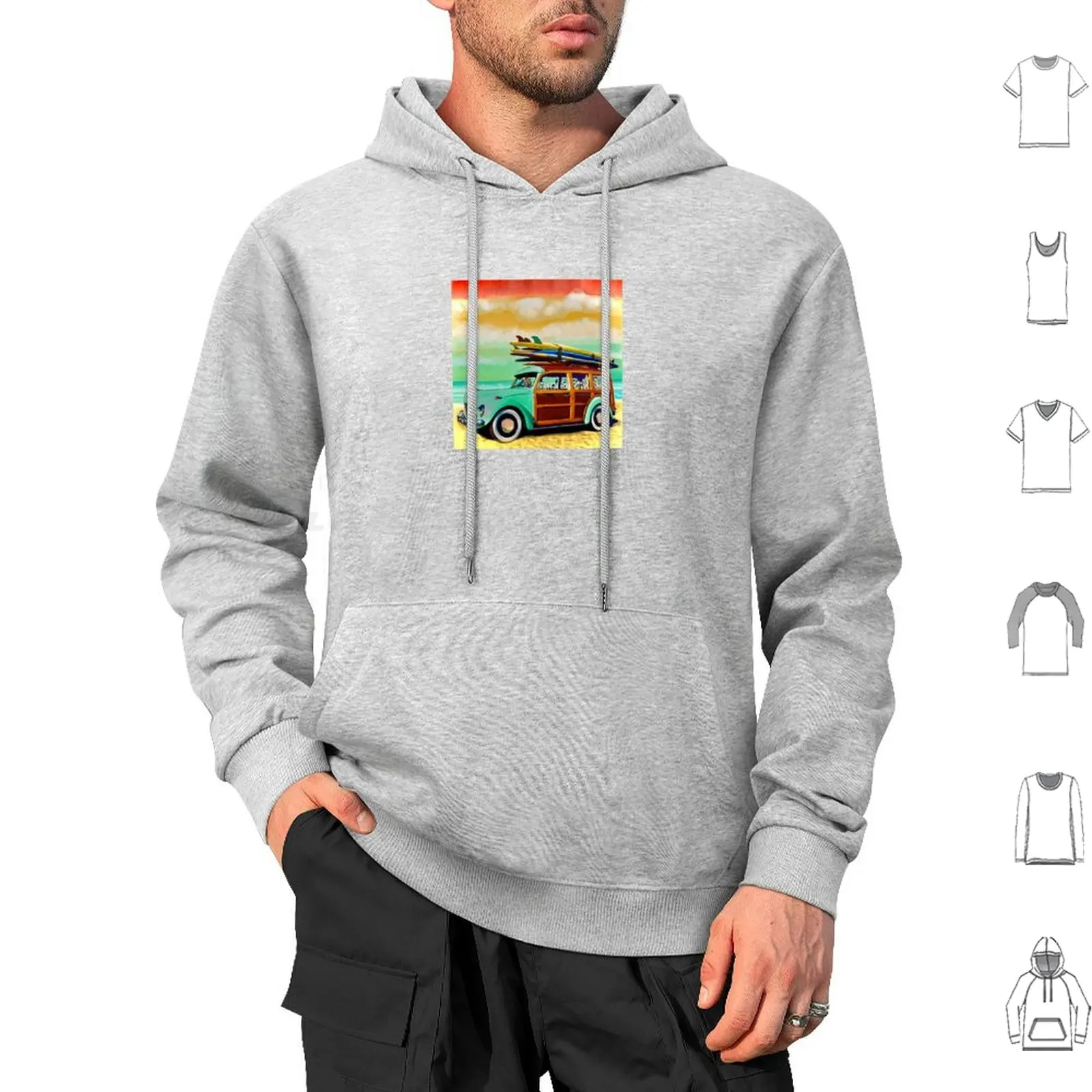Surf Safari-Woody Totalmente Cargado. Sudadera con capucha de algodón de manga larga Surf Surf Surf Sup tabla de surf Woody Wagon Surf Mobile Beach Retro