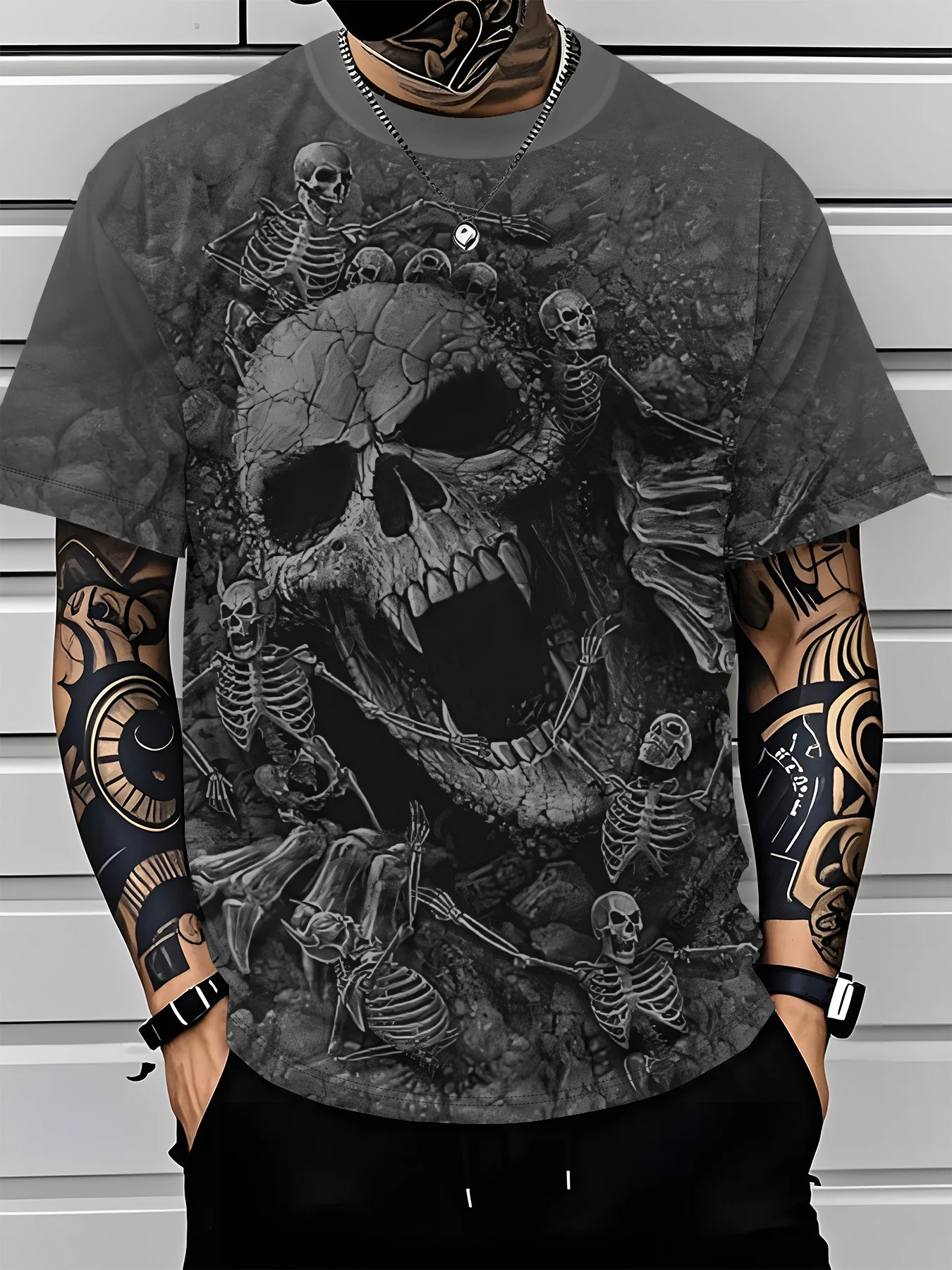 Dark Skull Skeleton Graphic T-Shirt, Black Grey Horror Bone Print Short Sleeve Tee, Cool Gothic Streetwear Casual Top For Men