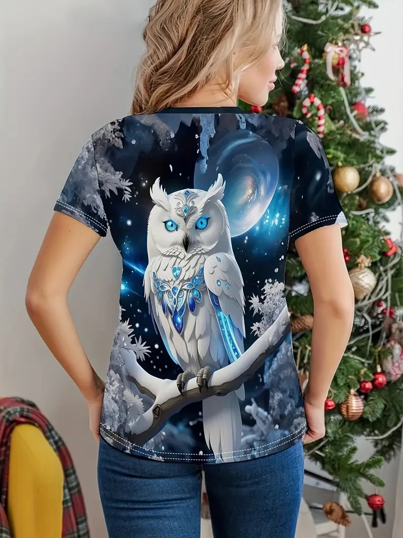 Damska koszulka PLUS -3D z pełnym nadrukiem, okrągły dekolt, krótki rękaw, luźna i swobodna, miękka, wygodna i oddychająca, do sportów outdoorowych.