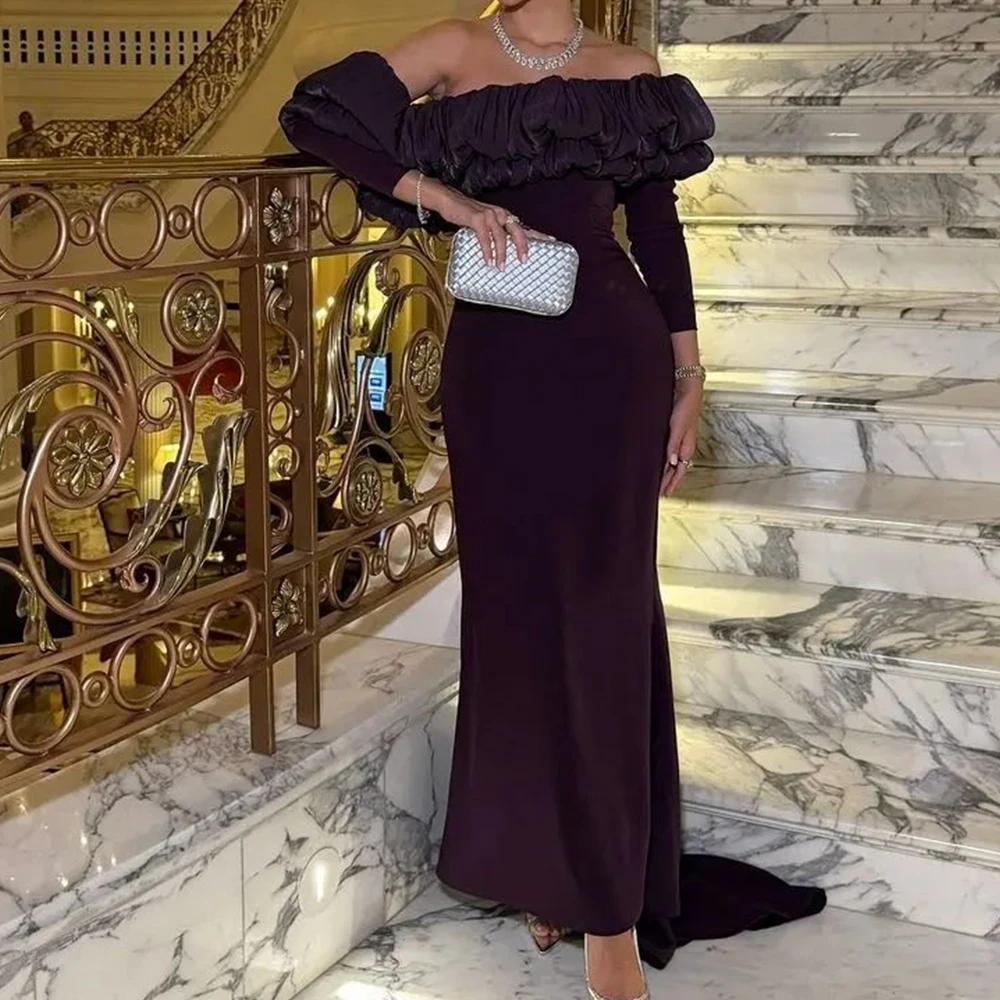 

Customized Classic Chapel Train Off The Shoulder Pleats Tiered Evening Dress Temperament A-Line Long Sleeves Purple Party Dress