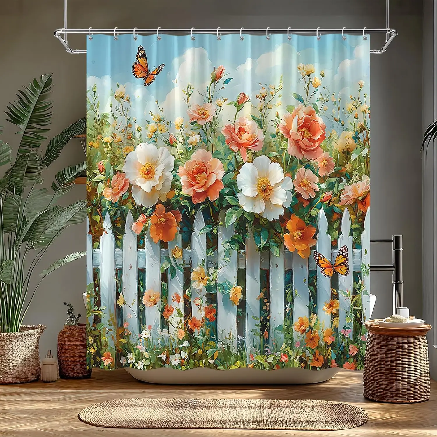 Colorful Flower Shower Curtain Spring Rustic Garden Fresh Floral Fence Nature Farmhouse Plant Polyester Bathroom Curtains