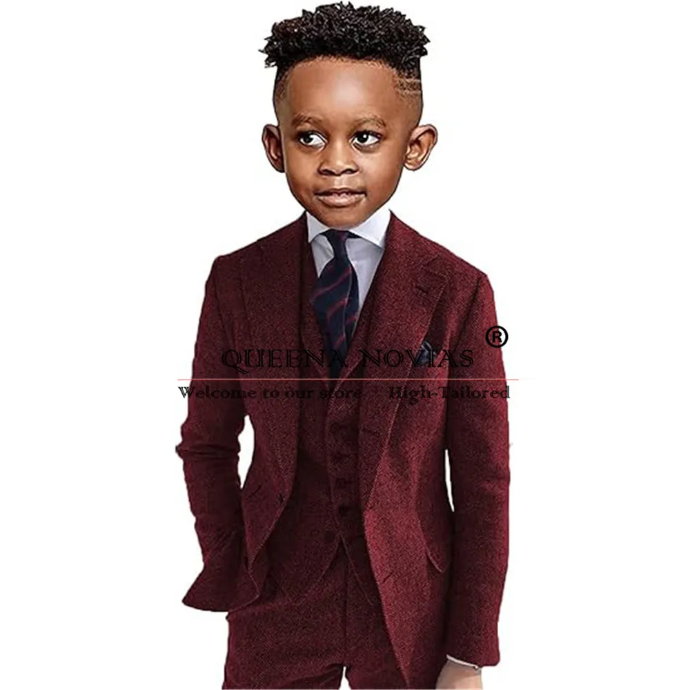 Elegant Boys' Attire Wedding Tuxedos Herringbone Tweed Woolen Jacket Vest Pants 3 Piece Children Party Clothing Kids Prom Blazer