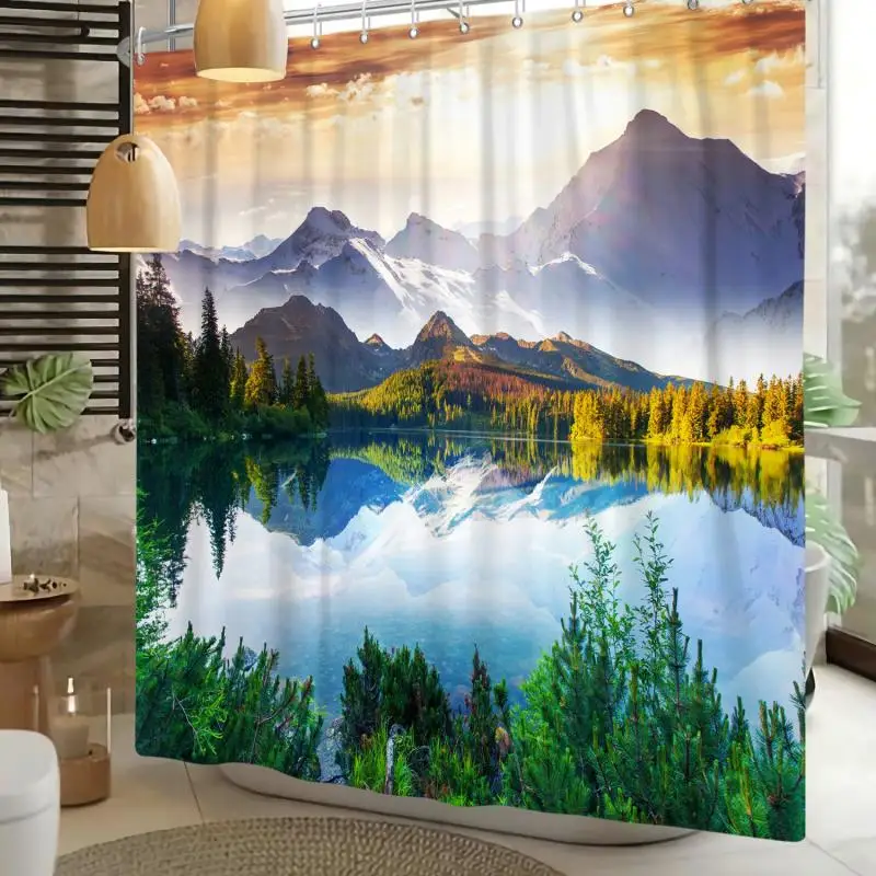 Nature Scenery Shower Curtain Mountain Forest River Waterfall Landscape Waterproof Polyester Curtain For Bathroom With 12 Hooks