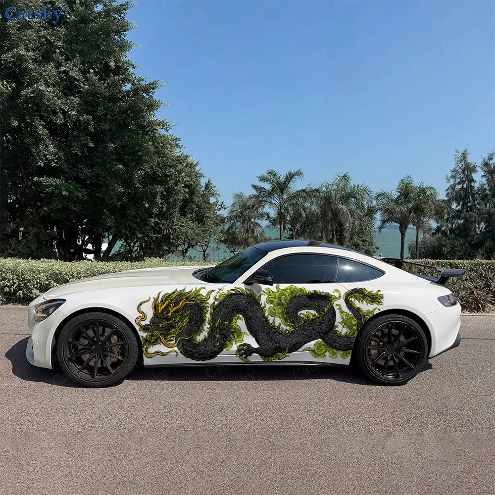 2pcs Green Flame Dragon, Durable, Fade-resistant, Enhance Vehicle Aesthetics With Bold Artistic Design Car Vinyl Wraps