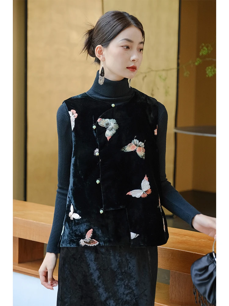

Новинка 2025, китайская женская бархатная куртка, круглая вышивка, элитный черный шелковый бархат, традиционная национальная мода