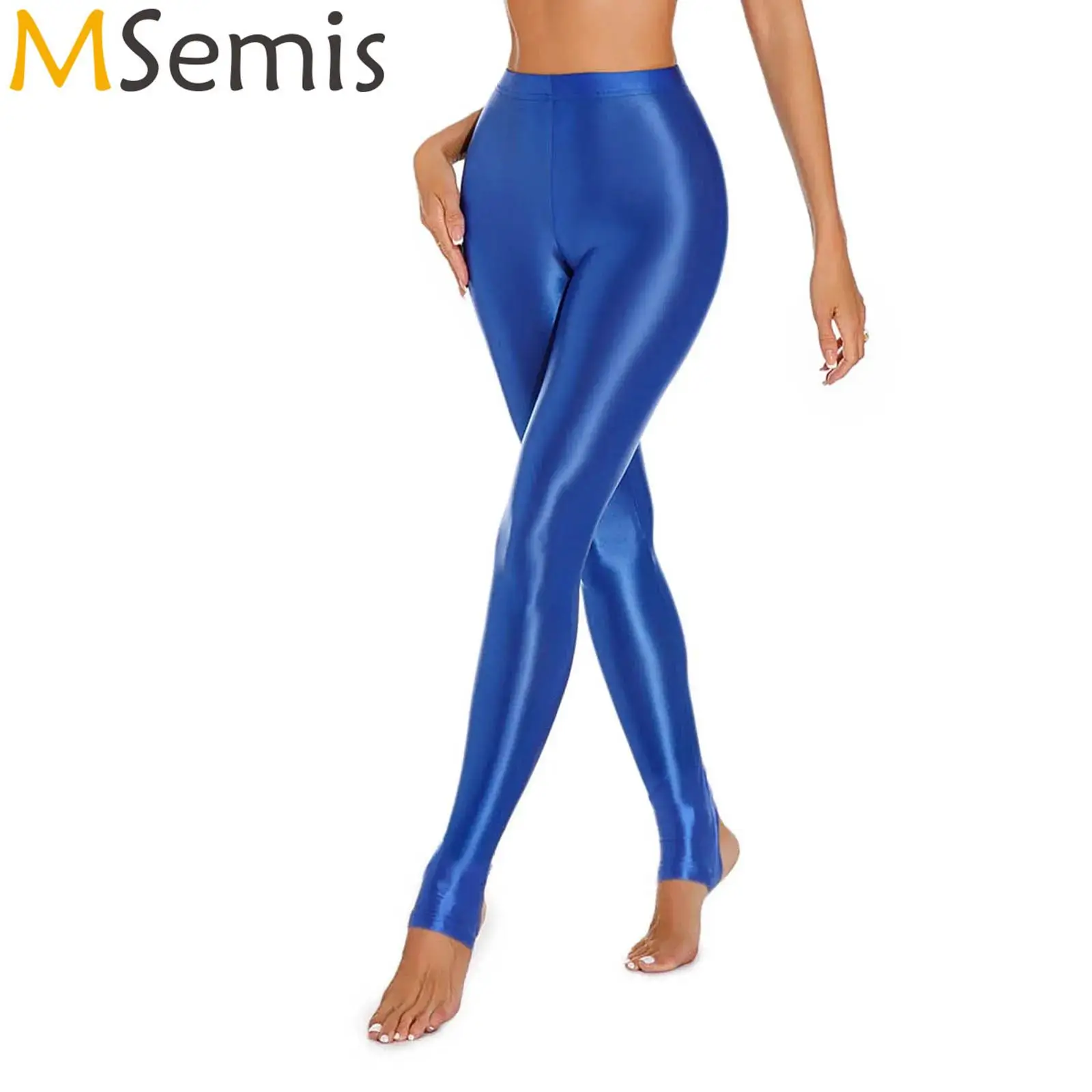 Womens Gymnastic Glossy Stirrup Leggings High Waist Elastic Waist Solid Color Tights Gym Yoga Pants Tummy Control Sport Pants