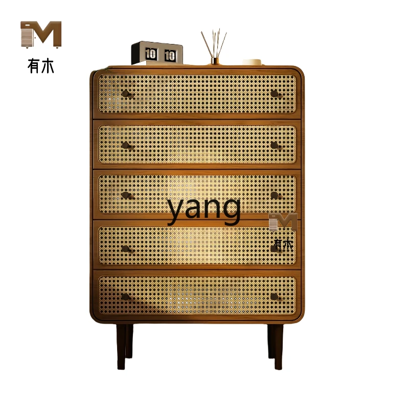 

LH Solid Wood Rattan Four-Drawer Cabinet Simple Modern Mid-Century Style Sideboard Drawer Storage Cabinet