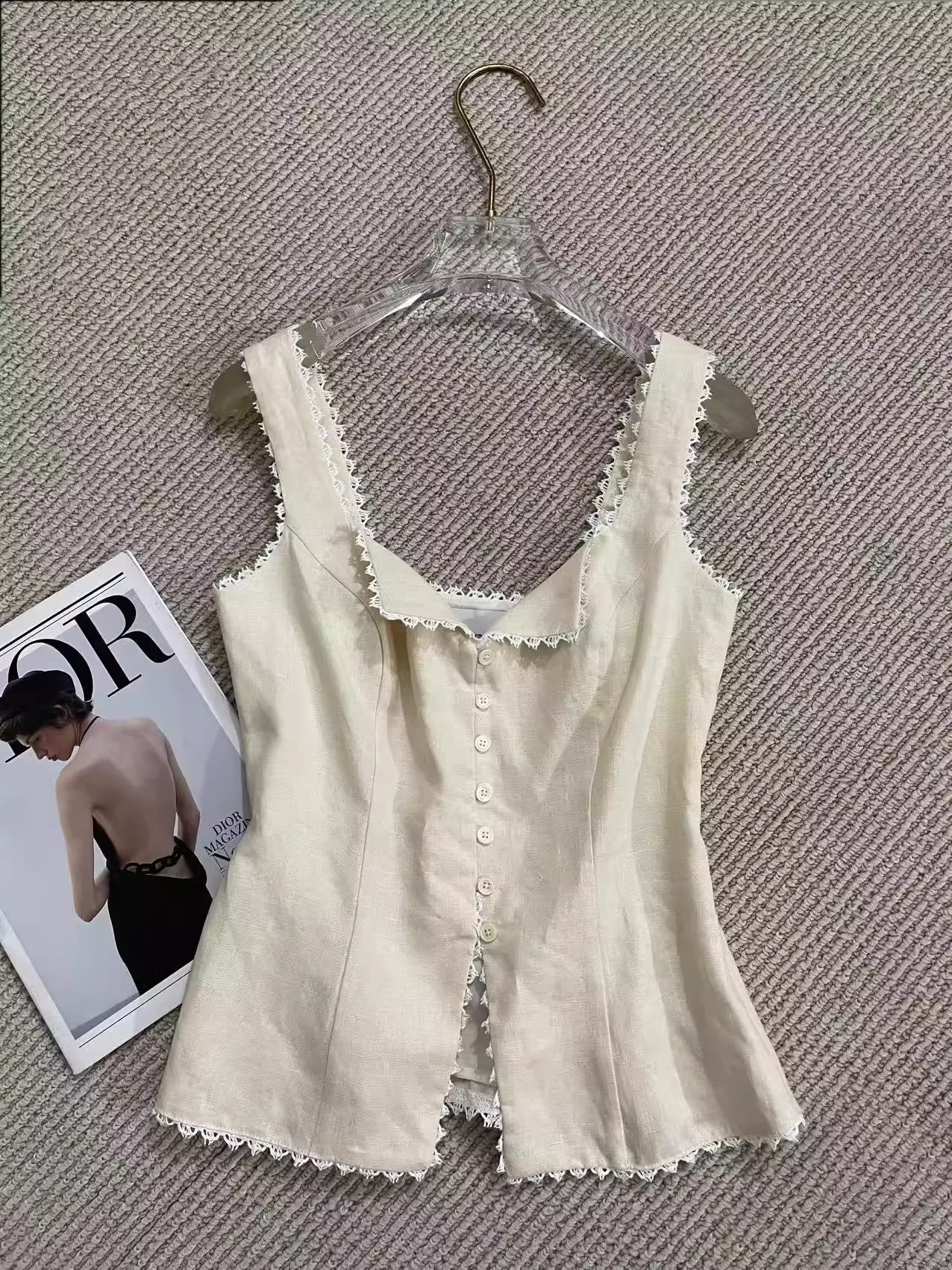 

Lace Embroidery Edge Women Tank Tops 2025 New Square Collar Short Sleeve Single Breasted Casual Female 100% Linen Vest