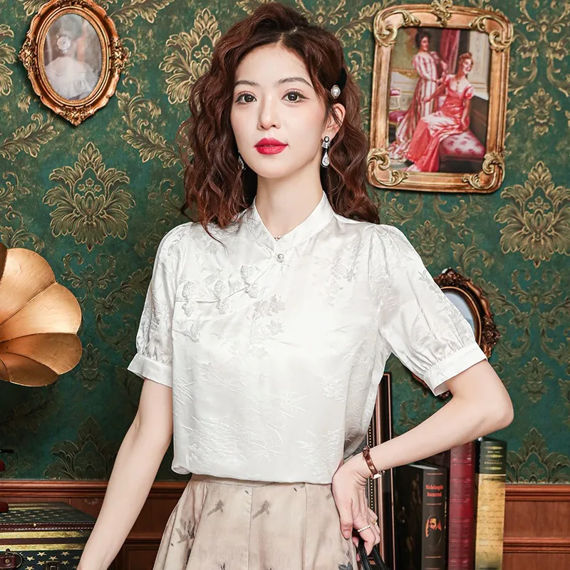 

Chinese-style Women's Blouses Print Vintage Shirts Fashion Loose Spring/Summer Korean Clothing Short Sleeves Women Tops