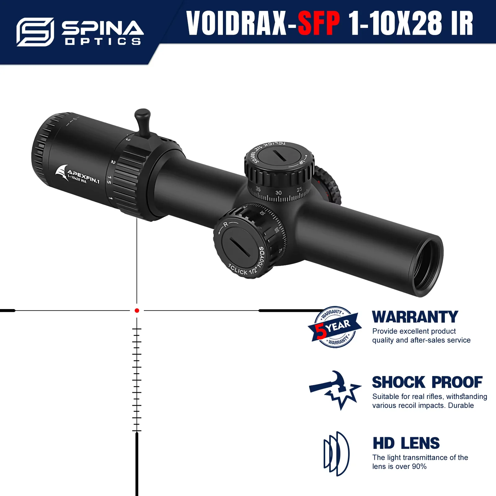 

SPINA OPTICS VoidRax 1-10x28 Широкоугольный 34мм Компактный Оптический Прицел Второй Фокальной Плоскости, Прицельная Марка Центральная Точка, для .308, 7.62, Серии AR