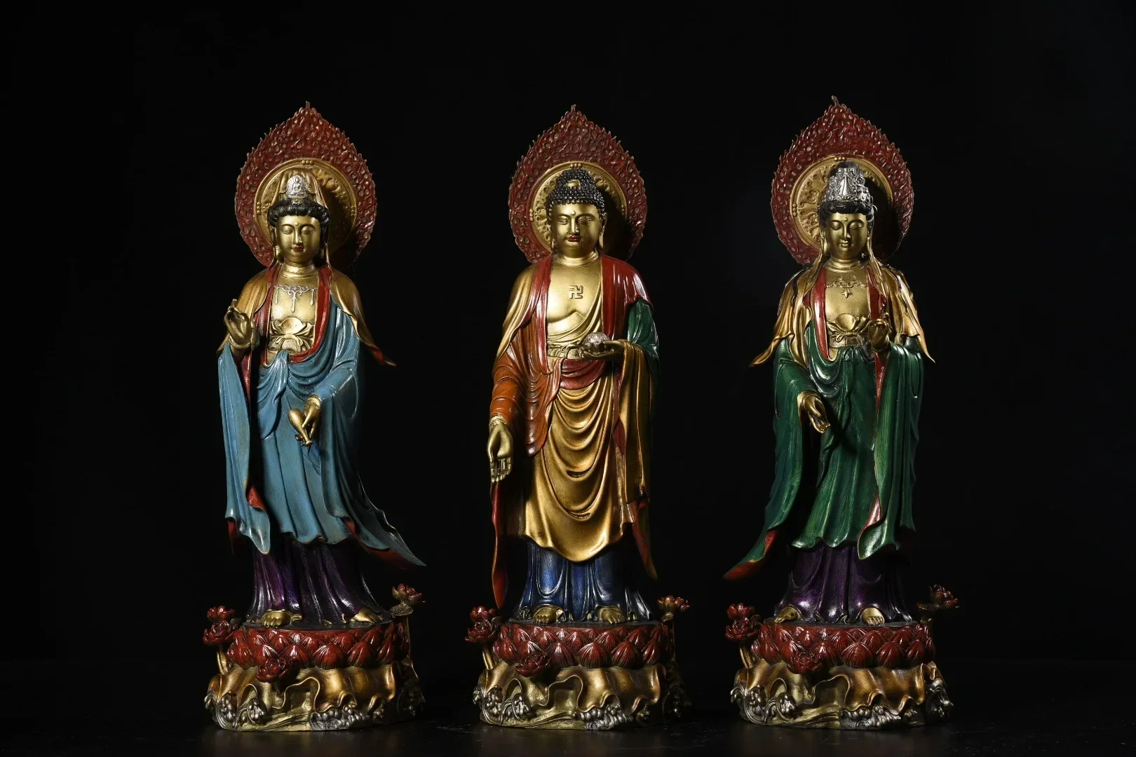 

15"Tibetan Temple Collection Old Bronze Painted Three Sages Buddha Guanyin Shakyamuni Standing Buddha Backlight Worship Hall