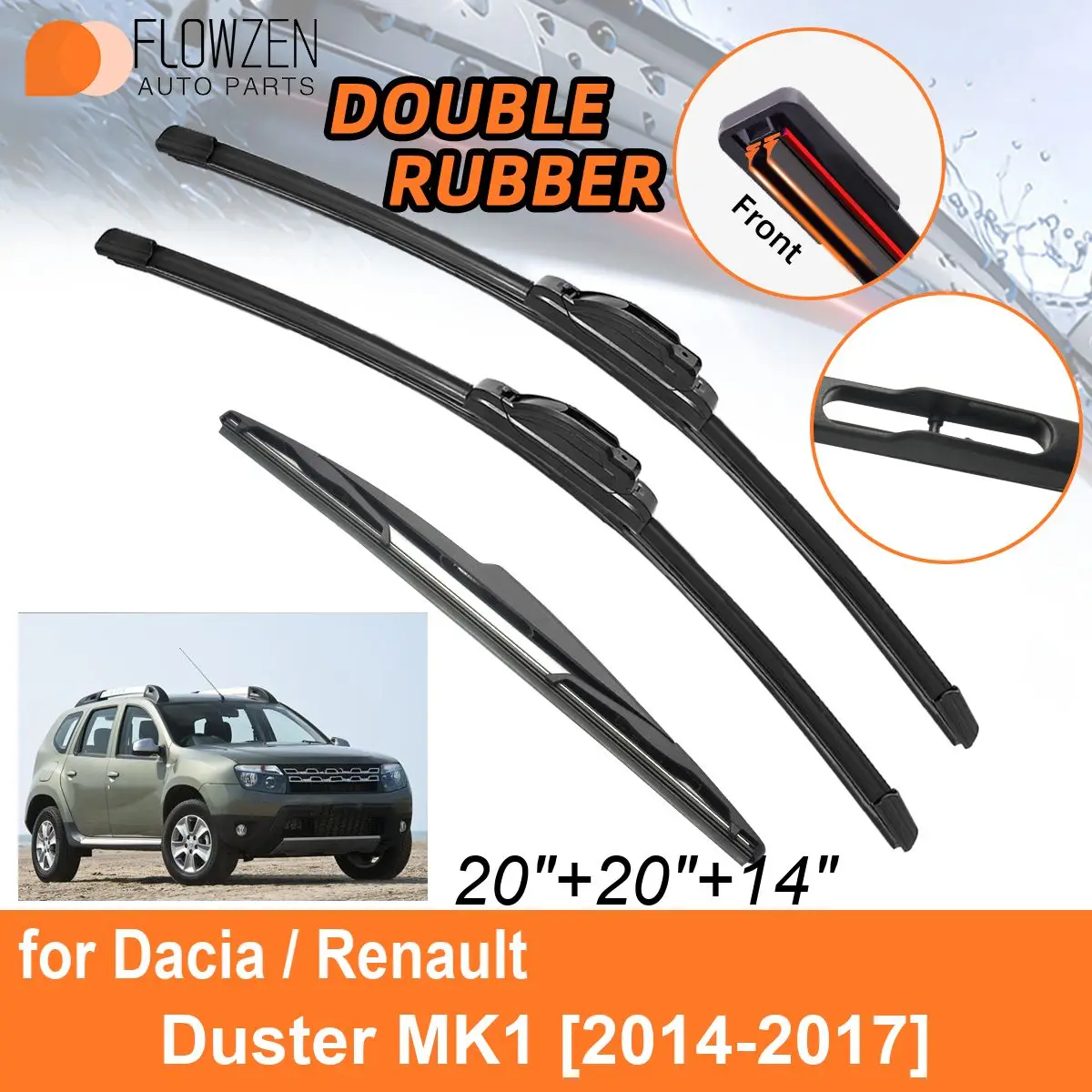 Double Rubber Car Wiper Blades for Dacia / Renault Duster MK1 2014-2017 Front Rear Blades Accessories 2014 2015 2016 2017