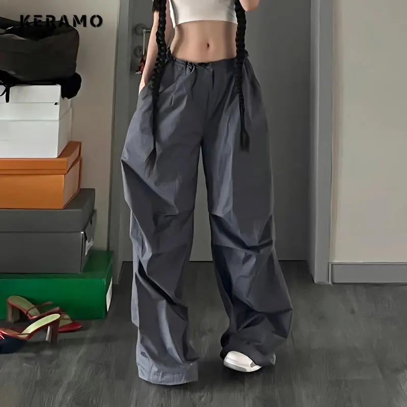 

Vintage Sporty Style Casual High Waist Solid Color Cargo Pants For Women Streetwear Style Wide Leg Overalls Baggy Y2K Trouser