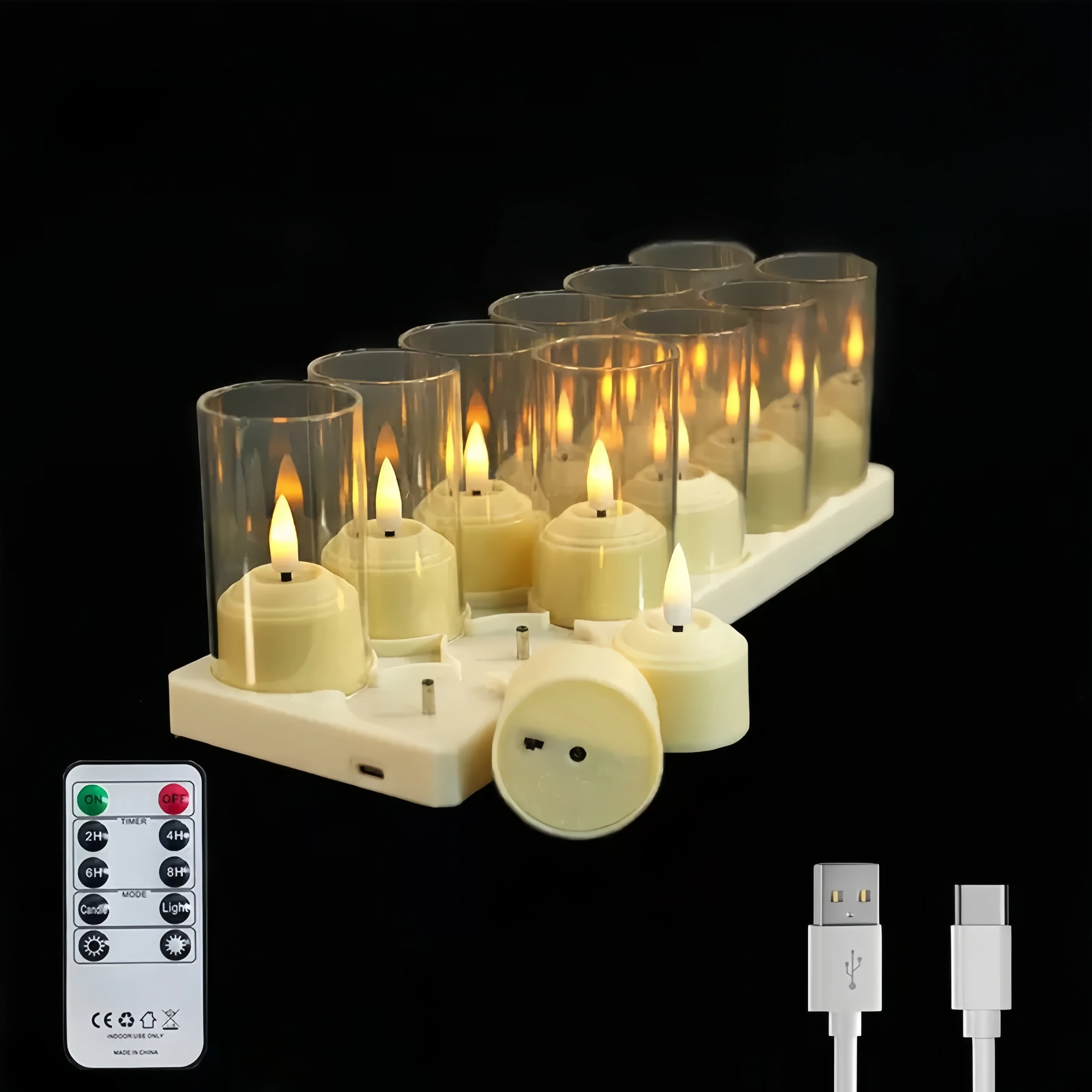 

6/12pcs 3D wick LED Tea Light Rechargeable w/Timer Remote Control Flickering Flameless Candle lamp w/Charging Station&USB Cable