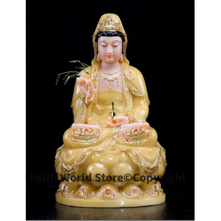 

30cm LARGE High grade Yellow jade gilding Guanyin Buddha home Temple efficacious Talisman Mascot carving Sculpture statue