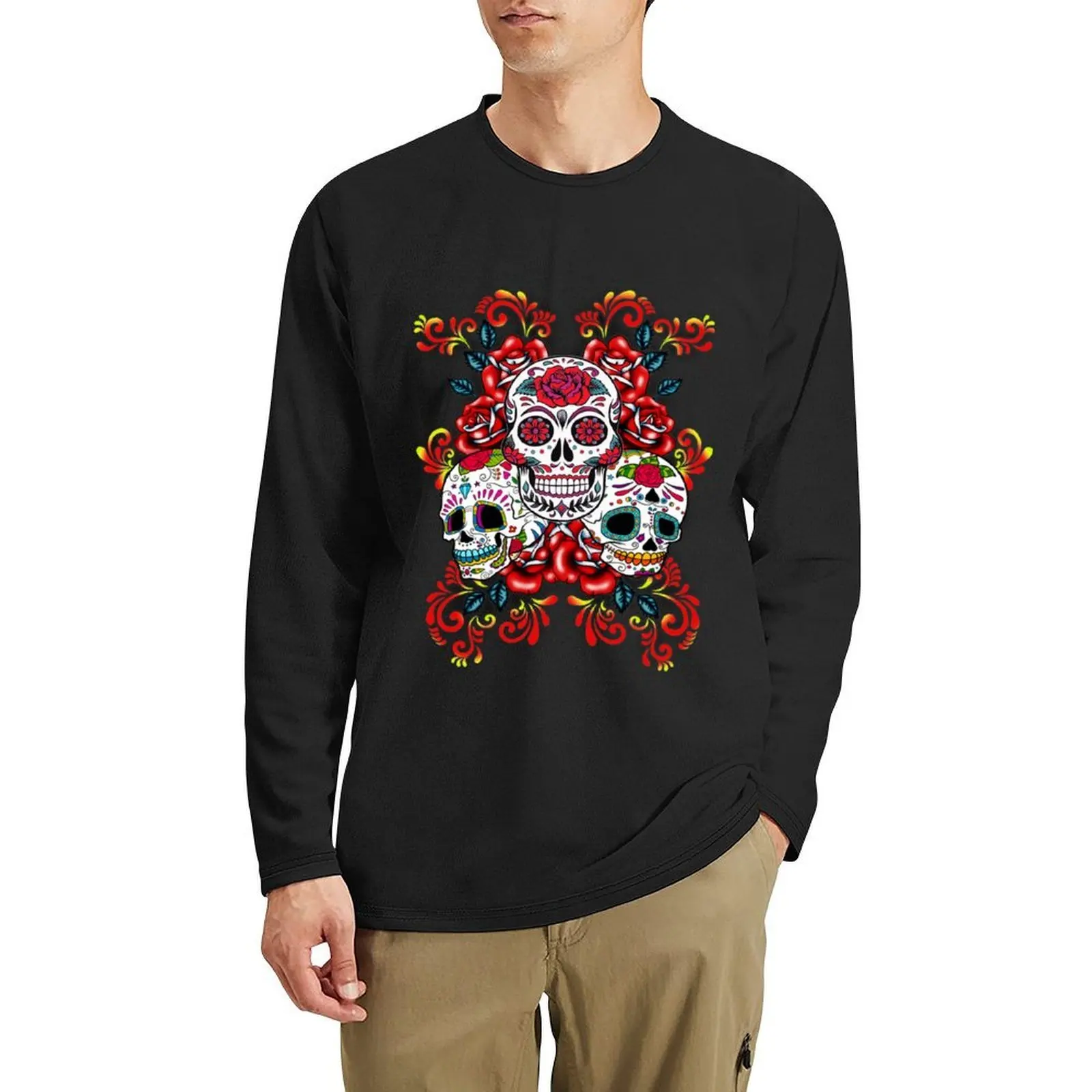 

Triple Skull Red Floral Day Of The Dead Sugar Skulls Long T-Shirt aesthetic clothes sports fan t-shirts designer t shirt men