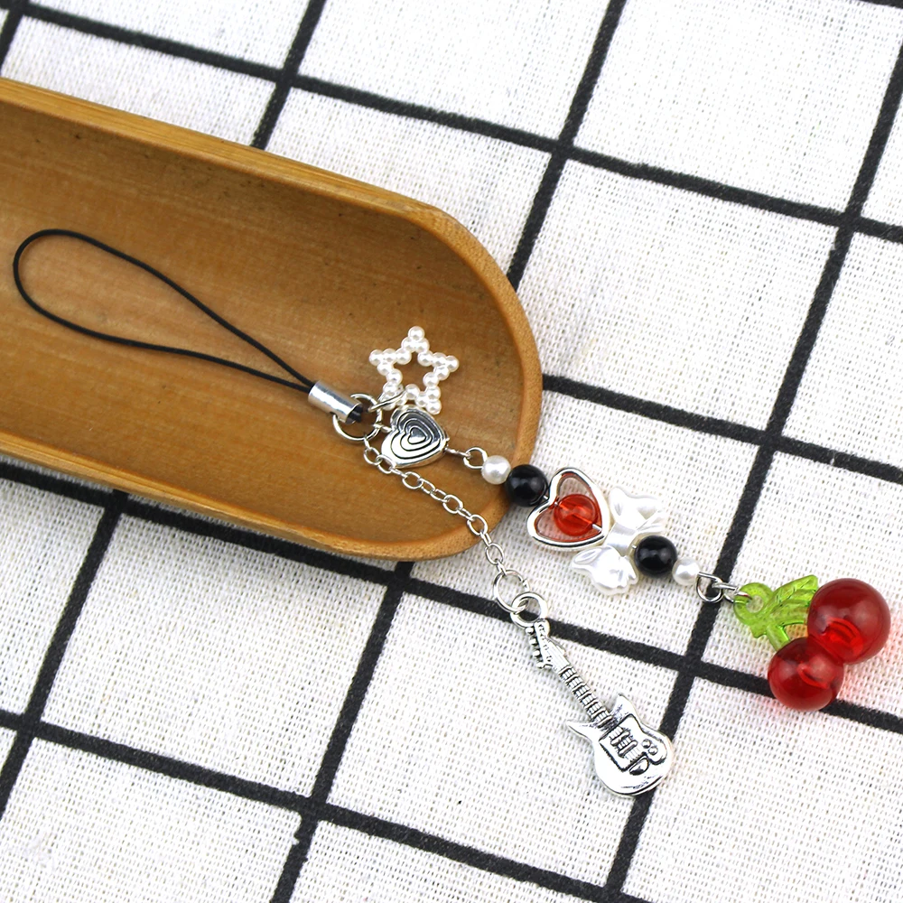 Cute Pink Red Cherry Strawberry Phone Strap Charm Landyard Keychain Keycord For Girl Woman Bag Camera Pendant