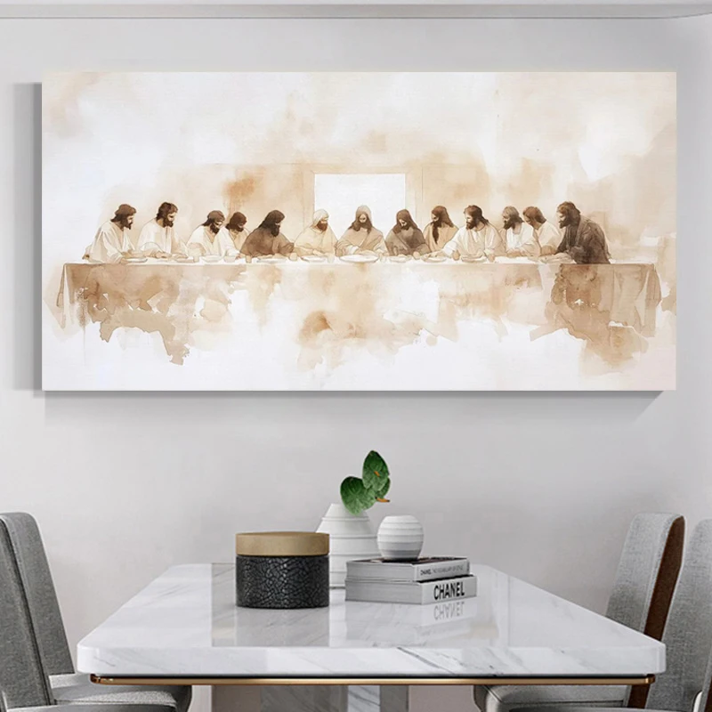 Последняя вечерь, минималистичные бежевые абстрактные принты, овчарка Да Винчи, изысканное искусство, библейские плакаты с христианской веррой, настенный декор без рамки
