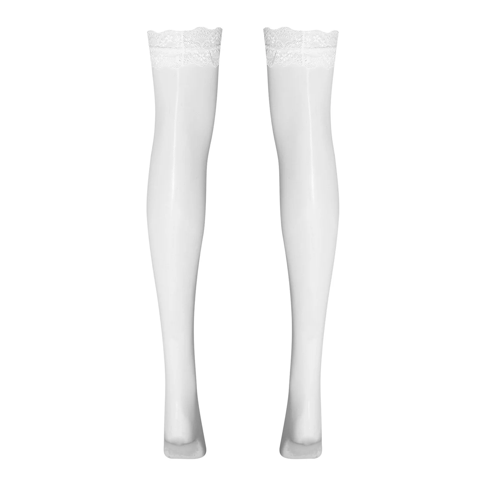 Womens Glossy Stockings with Lace Trim Cute Bow Thigh-high Stretchy Socks Miniskirts Shorts Accessory Female Elastic Stockings