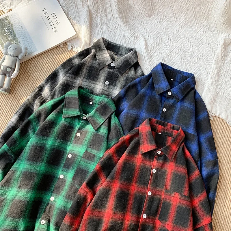 Ins Fashion Plaid Shirts for Men 2024 Autumn Winter High Quality Casual Flannel Men Retro Long Sleeves Shirt Streetwear Blouses