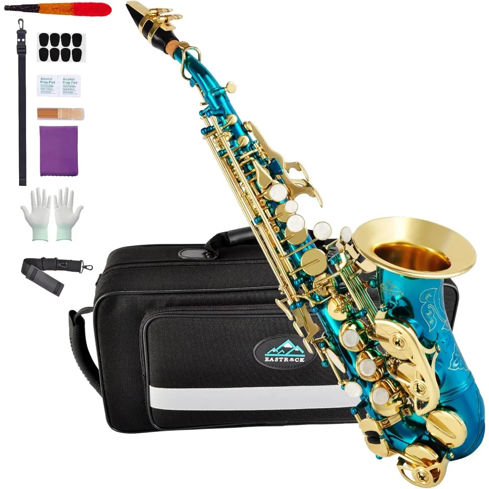 

Soprano saxophone Bend Bb flat blue saxophone instrument for beginners intermediate players to carry the case