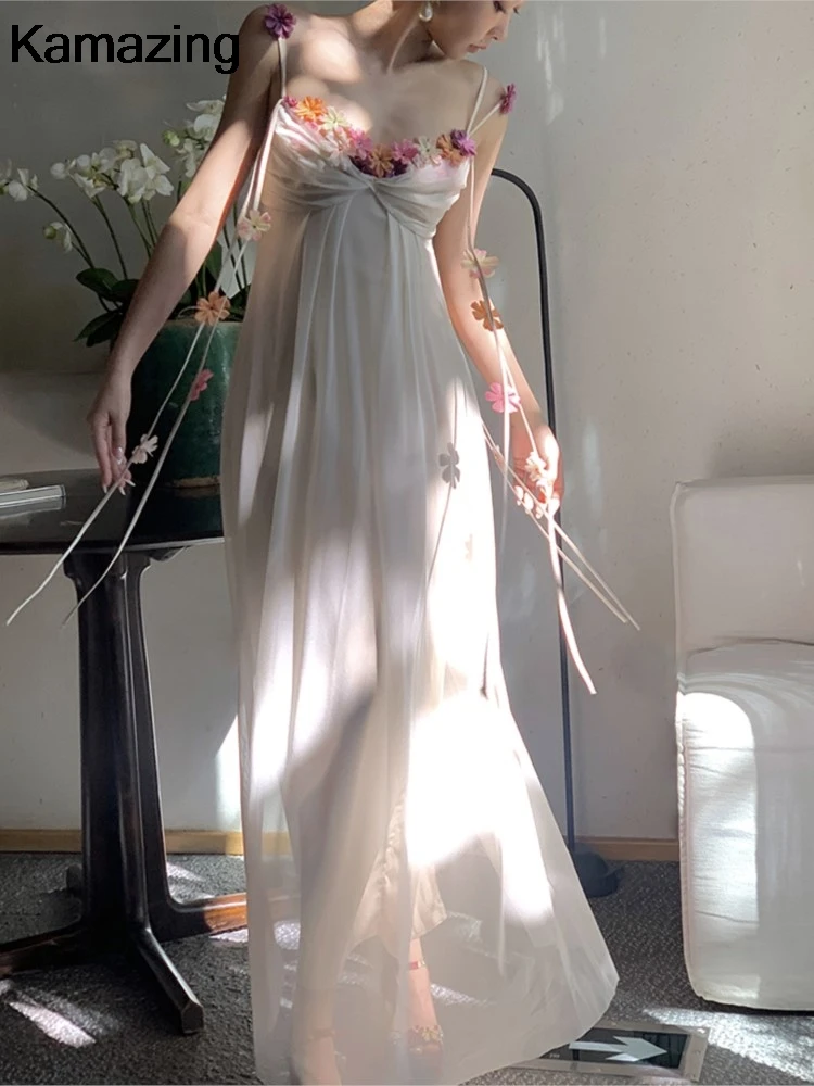 Fashion Flower Bohemian Beach Long Dresses Summer Chic Spaghetti Straps Princess Fairy Vestidos Women Elegant Mesh Party Clothes