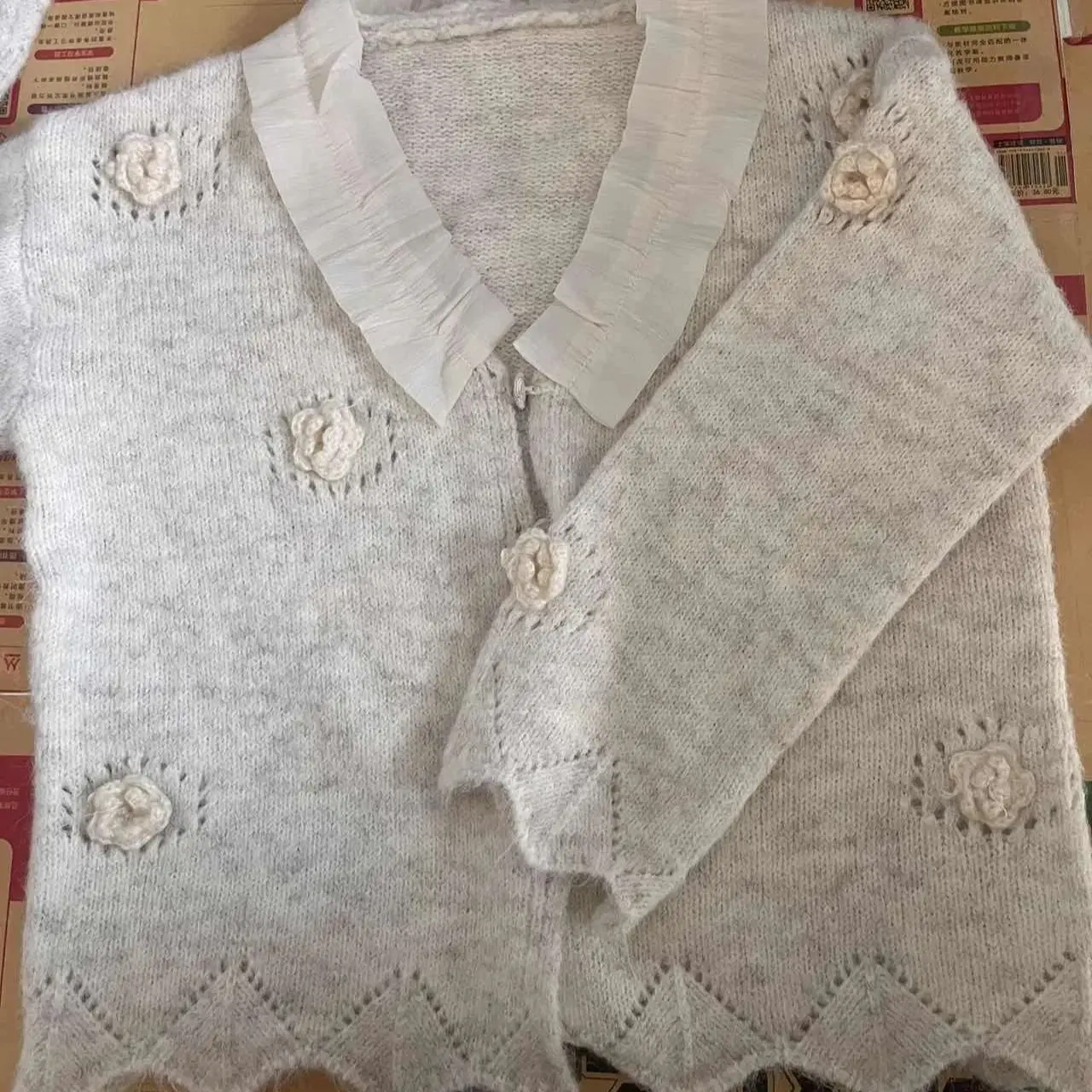 

Kimotimo 2025 Autumn Winter 3D Flower Knitted Cardigan Women V Neck Hollow Out Long Sleeve Sweater Coat Sweet Versatile Y2k Tops