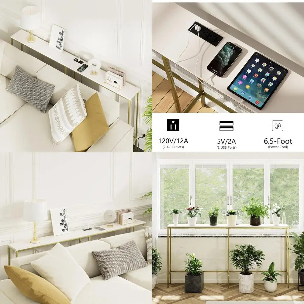 

Modern White Skinny Console Table with Power Outlet, Gold Frame for Entryway & Living Room