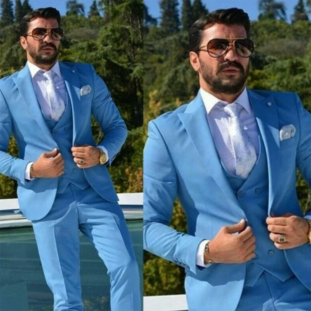 

Luxury Blue Suits For Men Single Breasted Peak Lapel 3 Piece (Blazer+Vest+Pants) Slim Fit Business Banquet Traje De Hombre Smart