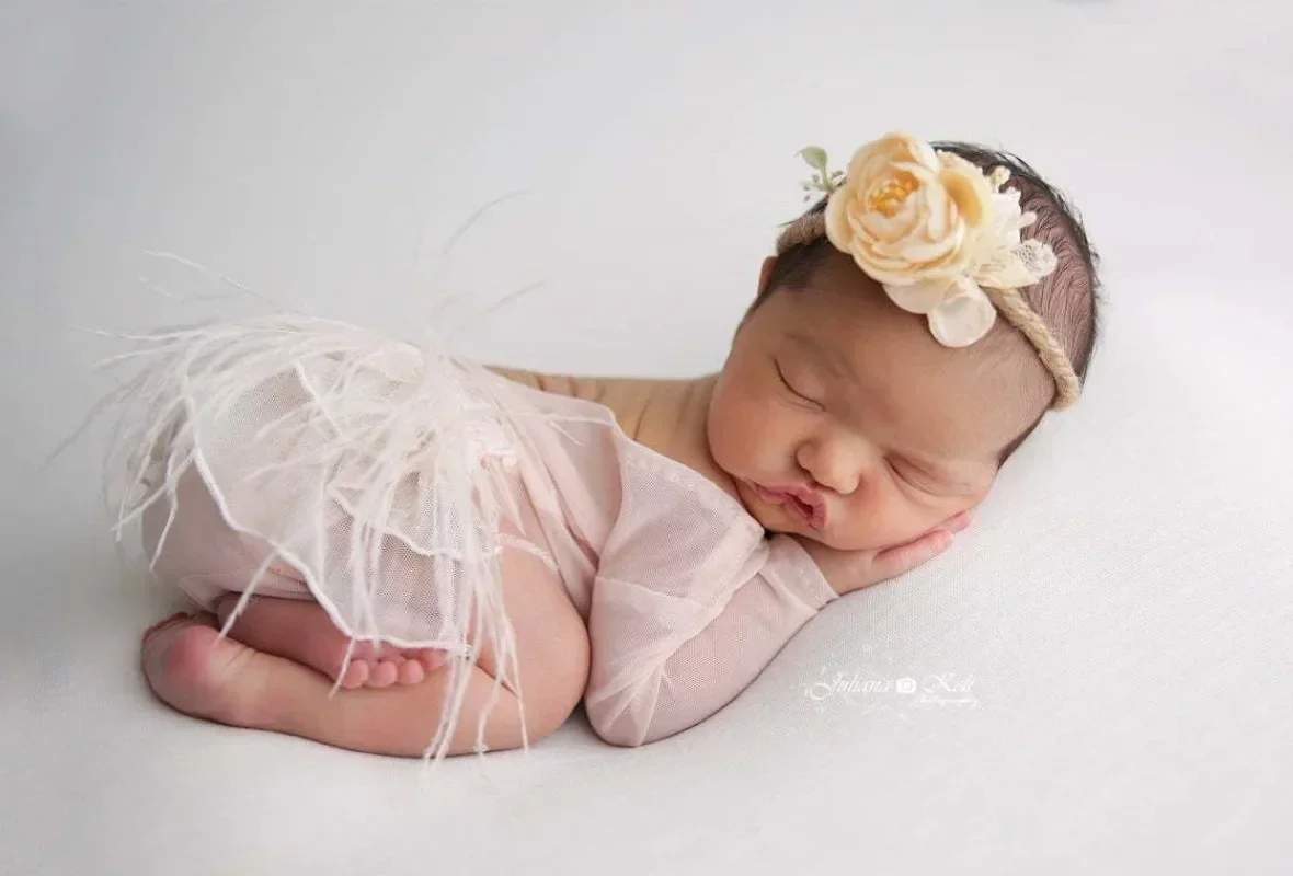 Newborn Photography Clothing Baby Full Moon Jumpsuit Open V Three-layer Gauze Skirt Headband Photo Studio Props Set