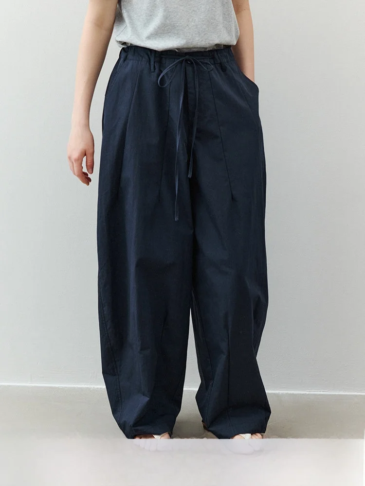 

Loose Wide Leg Casual Pants for Women Blue Simple High Waist Tied Rope Summer New Style Know Day Commute Style Cotton Blend