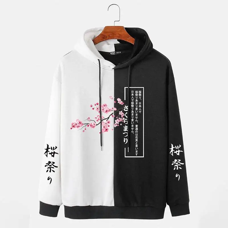 CharmkpR 2023 Japanese Style Fashion Men\'s Cherry Blossoms Print Sweatshirts Casual Two Tone Patchwork Drawstring Hoodies S-2XL