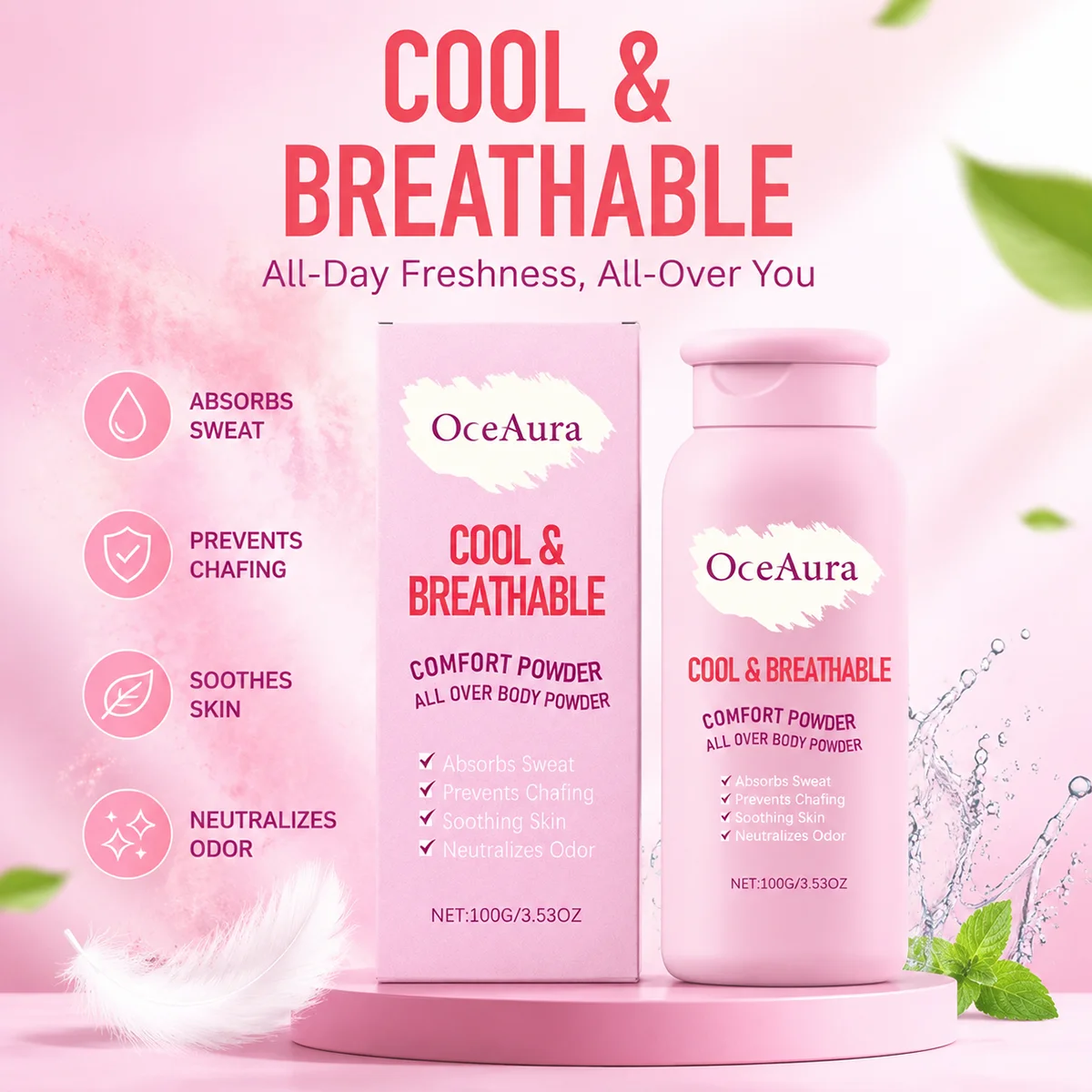 Over Body Comfort Summer Powder Cool Breathable Absorbs Sweat Prevents Chafing Neutralizes Odor Daily Skin Care 100g