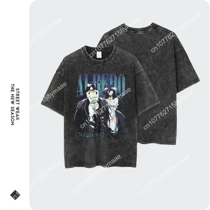 Albedo T-shirts Streewear Vintage Washed Anime Overlord T Shirt Oversized Short Sleeve Retro Manga Tops Tees Girl Women Cotton