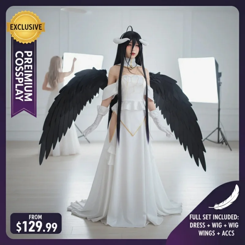 

✿YUANTO✿YUANTO Anime Overlord Albedo Cosplay Costume White Dress Black Purple Wig Halloween Party Set Women✿✿✿✿✿